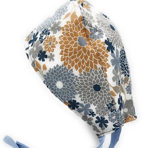 Blue & Grey Flower Chrysanthemum Scrub Cap